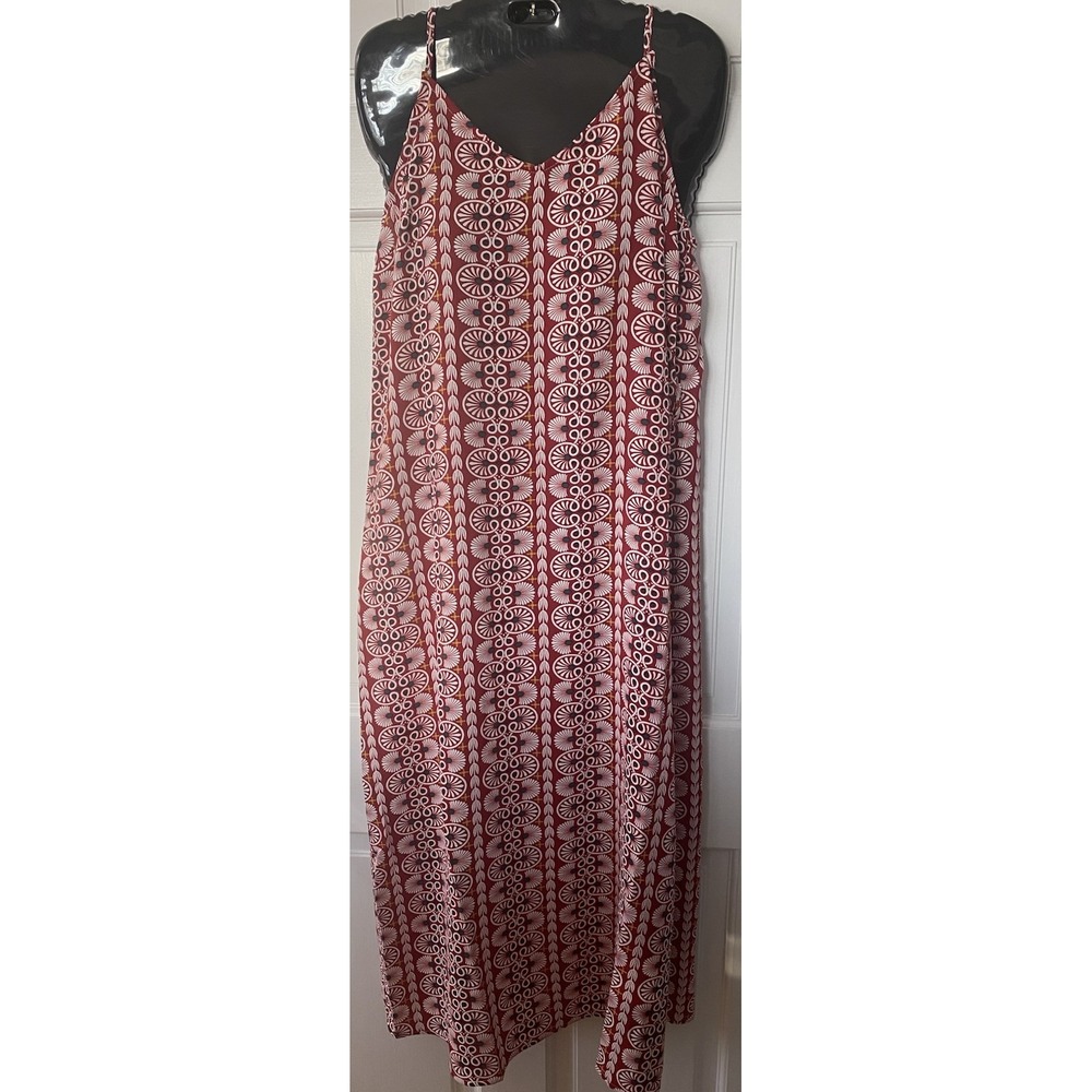 SAM LINK Red White Medallion Print Maxi Dress Sz L Boho Geometric Summer Resort